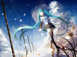 Rule 34 | 1girl, aiko (kanl), aqua hair, bad id, bad pixiv id, black footwear, black thighhighs, boots, cloud, detached sleeves, dutch angle, floating hair, flower, full body, green eyes, hatsune miku, long hair, necktie, open mouth, petals, power lines, ripples, skirt, sky, solo, thigh boots, thighhighs, transparent, transparent umbrella, twintails, umbrella, very long hair, vocaloid, zettai ryouiki
