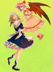 Rule 34 | 2girls, blue hair, braid, female focus, from side, full body, green background, happy, hat, izayoi sakuya, lifting person, maid, mob cap, multiple girls, remilia scarlet, ribbon, side braid, simple background, socks, standing, standing on one leg, touhou, twin braids, wings
