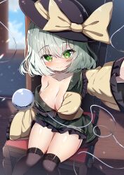 Rule 34 | 1girl, absurdres, black hat, black thighhighs, blurry, blurry background, bow, breasts, cleavage, commentary request, dfra, green eyes, hat, hat bow, heart, heart-shaped pupils, highres, komeiji koishi, large breasts, light green hair, looking at viewer, outdoors, reaching, reaching towards viewer, sitting, solo, symbol-shaped pupils, thick thighs, thighhighs, thighs, third eye, touhou, yellow bow