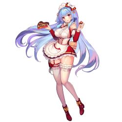 Rule 34 | 1girl, alternate costume, ankle boots, bare shoulders, blue hair, blush, boots, box, box of chocolates, breasts, candy, chocolate, chocolate heart, detached sleeves, dress, enmaided, food, full body, game cg, garter straps, hair between eyes, heart, heart-shaped box, highres, jacket, knees together feet apart, last origin, long hair, looking at viewer, maid, maid headdress, medium breasts, official art, open clothes, open jacket, paintale, red eyes, sidelocks, smile, solo, tachi-e, thigh strap, thighhighs, tiamat (last origin), transparent background, very long hair, white thighhighs