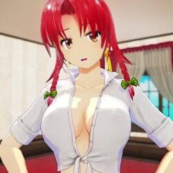 Rule 34 | 1girl, 3d, animated, areola slip, blurry, blurry background, braid, breasts, brown eyes, curtains, earrings, hong meiling, indoors, jewelry, large breasts, long hair, looking at viewer, mofumoko5, naughty face, nipples, no bra, open clothes, open shirt, red hair, seductive smile, smile, solo, teasing, touhou, video, window
