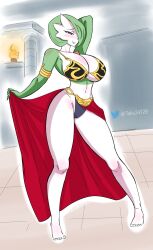 Rule 34 | 1girl, arm up, armlet, artist name, barefoot, blush, breasts, closed mouth, clothes pull, collarbone, creatures (company), feet, female focus, full body, game freak, gardevoir, gen 3 pokemon, green hair, groin, hair over one eye, half-closed eyes, harem outfit, heart, heart-shaped pupils, highres, large breasts, looking at viewer, navel, nintendo, pokemon, pokemon (creature), pulled by self, red eyes, smile, solo, standing, symbol-shaped pupils, taku34128, thighs, toes, twitter logo, twitter username