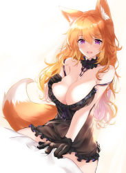Rule 34 | animal ears, bare shoulders, black dress, breasts, cleavage, collar, dress, fatkewell, fox ears, fox girl, fox tail, gloves, hand on own chest, highres, large breasts, open mouth, original, purple eyes, red hair, simple background, solo, tail, thighs, white background
