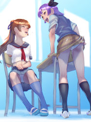 Rule 34 | 2girls, aged down, ass, ayane (doa), ballet slippers, between breasts, black sailor collar, black skirt, black socks, blue ribbon, blue socks, breasts, brown hair, brown skirt, classroom, closed eyes, commentary request, commission, crop top, dead or alive, desk, flat ass, from below, full body, hair ribbon, highres, kasumi (doa), kneehighs, kneepits, long hair, multiple girls, necktie, necktie between breasts, official alternate costume, open mouth, panties, pantyshot, pixiv commission, plaid, plaid skirt, pleated skirt, ponytail, purple hair, red eyes, red necktie, ribbon, sailor collar, school desk, school uniform, serafuku, shirt, shoes, short hair, short sleeves, siblings, sisters, sitting, skirt, small breasts, socks, soon (c-u-soon), standing, summer, summer uniform, sweat, sweater vest, teeth, underwear, upper teeth only, upskirt, uwabaki, wet, wet clothes, wet shirt, white panties