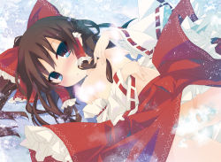 Rule 34 | 1girl, blush, bow, breasts, brown eyes, brown hair, censored, convenient censoring, detached sleeves, female focus, hair bow, hair tubes, hakurei reimu, hand in own hair, lying, no panties, on back, ponytail, skirt, small breasts, solo, topless, tororo (toriaezu), touhou, upskirt