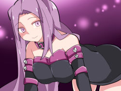 Rule 34 | 1girl, all fours, bare shoulders, belt collar, black dress, blush, closed mouth, collar, dress, elbow gloves, fate/stay night, fate (series), gloves, hammer (sunset beach), long hair, looking at viewer, medusa (fate), medusa (rider) (fate), parted bangs, purple background, purple eyes, purple hair, short dress, smile, solo, square pupils, very long hair