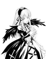 Rule 34 | 00s, 1girl, cowboy shot, gothic lolita, greyscale, hair between eyes, half-closed eyes, high contrast, lolita fashion, monochrome, rozen maiden, simple background, solo, standing, suigintou, white background