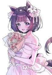 Rule 34 | 1girl, animal ears, bare shoulders, blush, bouquet, breasts, brown hair, dress, film grain, flower, hair flower, hair ornament, holding, holding bouquet, horse ears, horse girl, horse tail, jeonjagolhaem, long sleeves, looking at viewer, nishino flower (sweet juneberry) (umamusume), nishino flower (umamusume), off-shoulder dress, off shoulder, open mouth, purple eyes, raised eyebrows, short hair, simple background, small breasts, smile, solo, tail, umamusume, upper body, white background