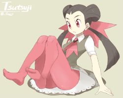Rule 34 | 10s, 1girl, arm support, ascot, bad id, bad twitter id, blouse, brown hair, character name, creatures (company), dorsiflexion, dress, feet, full body, game freak, grey dress, gym leader, hair ornament, long hair, nintendo, no shoes, open mouth, pantyhose, pink pantyhose, pokemon, pokemon oras, red eyes, roxanne (pokemon), shigino sohuzi, shirt, sitting, solo, twintails, twitter username