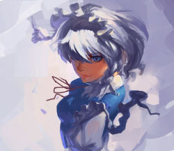 Rule 34 | 1girl, bad id, bad pixiv id, blue dress, blue eyes, blue hair, dress, frills, from above, grey background, hair over one eye, izayoi sakuya, lips, looking back, maid, maid headdress, matching hair/eyes, puffy sleeves, red ribbon, ribbon, short hair, simple background, solo, sparrow (xici9527), touhou, upper body