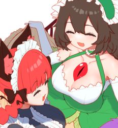 Rule 34 | 2girls, :3, :d, alternate costume, animal ears, blunt bangs, bow, braid, breasts, cat ears, closed eyes, dress, elbow gloves, enmaided, frills, from above, gloves, green bow, green dress, hair bow, happy, kaenbyou rin, kiramarukou, maid, maid headdress, multiple girls, open mouth, red hair, reiuji utsuho, smile, third eye, touhou, twin braids, wings
