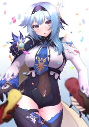 Rule 34 | 1boy, 2girls, absurdres, amber (genshin impact), belt, black gloves, black leotard, black thighhighs, blue hair, blurry, breasts, brown eyes, cape, chestnut mouth, confetti, depth of field, eula (genshin impact), fingerless gloves, genshin impact, gloves, hair between eyes, hair ornament, hairband, head tilt, highres, holding, kaeya (genshin impact), kirima (user danf8787), large breasts, leotard, long hair, long sleeves, looking at viewer, multiple girls, necktie, out of frame, parted lips, party popper, pov, sidelocks, simple background, solo focus, surprised, thighhighs, two-tone gloves, vision (genshin impact)