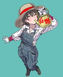 Rule 34 | 1girl, absurdres, aqua background, arm up, black footwear, boots, brown hair, brown hat, closed eyes, collared shirt, commentary request, drinking, facing viewer, from above, full body, gloves, green background, hair between eyes, hat, highres, holding, long sleeves, original, overalls, parted bangs, pocket, rubber boots, shirt, short hair, simple background, solo, standing, straw hat, tea kettle, translation request, v-shaped eyebrows, white gloves, white shirt, yamashita shun&#039;ya