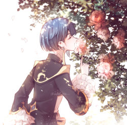 Rule 34 | 1boy, arms behind back, artist name, asymmetrical hair, backlighting, blue coat, blue hair, blunt bangs, branch, brill p, chinese clothes, closed eyes, coat, commentary request, earrings, eyelashes, falling petals, flower, frilled shirt, frilled sleeves, frills, genshin impact, gold trim, hand up, jewelry, leaf, long sleeves, male focus, medium hair, petals, pink flower, profile, shirt, sidelocks, single earring, smelling flower, solo, standing, tassel, tassel earrings, twitter username, white background, white shirt, wide sleeves, xingqiu (genshin impact)
