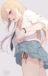 Rule 34 | 1girl, absurdres, black necktie, black panties, blonde hair, blue skirt, blush, breasts, clothes lift, commentary, dated, ear piercing, earrings, from below, from side, grey background, highres, jewelry, kitagawa marin, lifted by self, long hair, long sleeves, looking at viewer, looking down, looking to the side, medium breasts, necktie, neki (wakiko), open mouth, panties, piercing, pleated skirt, purple eyes, shirt, side-tie panties, signature, simple background, skirt, skirt lift, solo, sono bisque doll wa koi wo suru, underwear, very long hair, white shirt