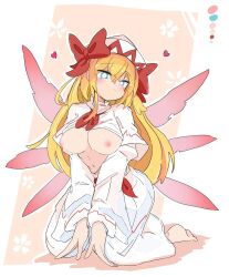 Rule 34 | 1girl, barefoot, blonde hair, blue eyes, blush, breasts, capelet, closed mouth, color guide, dress, fairy, fairy wings, full body, hair between eyes, hat, heart, highres, kneeling, large breasts, lily white, long hair, long sleeves, nipples, solo, tatutaniyuuto, touhou, white capelet, white dress, white hat, wings