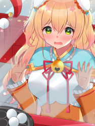Rule 34 | 1girl, against glass, bell, blonde hair, blush, bun cover, capelet, chinese clothes, commentary request, crane game, crying, detached sleeves, double bun, flower, frilled sleeves, frills, green eyes, hair between eyes, hair bun, hair flower, hair ornament, highres, hololive, jingle bell, long hair, looking away, mi taro333, momosuzu nene, neck ribbon, orange sleeves, ribbon, solo, two side up, upper body, virtual youtuber