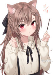 Rule 34 | 1girl, animal ear fluff, animal ears, anz32, black bow, black skirt, blush, bow, brown hair, closed mouth, collared shirt, commentary request, dated, dress shirt, food, hair between eyes, hair bow, hair ornament, hairclip, hands up, heart, heart hair ornament, holding, holding food, long hair, long sleeves, looking at viewer, nina (anz32), original, pocky, pocky day, puffy long sleeves, puffy sleeves, red eyes, shirt, simple background, skirt, sleeves past wrists, solo, suspender skirt, suspenders, twitter username, upper body, very long hair, white background, white shirt