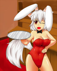 Rule 34 | 1girl, animal ears, bare shoulders, breasts, brown eyes, rabbit ears, playboy bunny, cleavage, extra ears, fang, hand on own hip, inubashiri momiji, kunoo (unnyuu), looking at viewer, one eye closed, open mouth, short hair, silver hair, smile, solo, tail, touhou, wolf ears, wolf tail