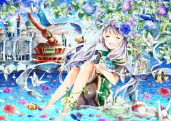 Rule 34 | 1girl, azumamutuki, bad id, bad pixiv id, bare legs, bird, bug, closed eyes, clownfish, dragonfly, fish, flower, highres, in water, insect, long hair, looking at viewer, open mouth, origami, original, paper crane, petals, silver hair, smile, solo, tears, tropical fish, wind