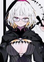 Rule 34 | 1girl, absurdres, bad id, bad pixiv id, black dress, black jacket, blue eyes, breasts, cleavage, cropped jacket, dress, fate/grand order, fate (series), glasses, grey hair, highres, hood, hood up, hooded jacket, jacket, jacques de molay (foreigner) (fate), large breasts, long sleeves, looking at viewer, note nii, open clothes, open jacket, short hair, solo