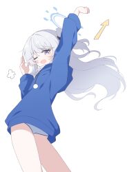 Rule 34 | 1girl, absurdres, arm up, arrow (symbol), blue archive, blue halo, blue hoodie, blue panties, blush, grey hair, hagoonha, halo, highres, hood, hoodie, long hair, long sleeves, miyako (blue archive), miyako (young) (blue archive), official alternate costume, one eye closed, one side up, open mouth, panties, purple eyes, simple background, solo, underwear, white background, yawning