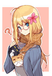 Rule 34 | 1girl, 2others, ?, antenna hair, bison cangshu, blonde hair, blue eyes, brown scarf, cat, closed mouth, enpera, flower, glasses, hair flower, hair ornament, highres, hood (warship girls r), long hair, looking at viewer, multiple others, pink flower, scarf, upper body, warship girls r