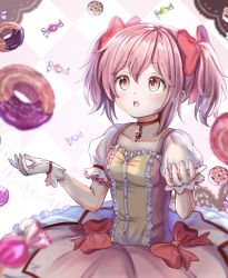 Rule 34 | 1girl, bow, breasts, bubble skirt, candy, choker, commentary request, doughnut, food, gloves, hair bow, hands up, highres, kaname madoka, looking up, magical girl, mahou shoujo madoka magica, mahou shoujo madoka magica (anime), open mouth, pink bow, pink eyes, puffy short sleeves, puffy sleeves, red choker, short hair, short sleeves, short twintails, skirt, small breasts, solo, soul gem, sweets, teeth, twintails, ukiukikiwi2525, upper body, upper teeth only, white gloves