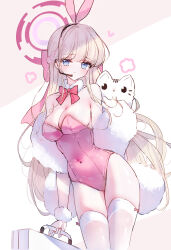Rule 34 | 1girl, absurdres, alternate hair color, animal, animal ears, bare shoulders, blonde hair, blue archive, blue eyes, bow, braid, breasts, brown background, cat, cleavage, closed mouth, collarbone, commentary request, covered navel, fake animal ears, fur collar, hair bow, halo, headset, highres, holding, leotard, medium breasts, nail polish, pink bow, pink hair, pink leotard, pink nails, rabbit ears, red bow, smile, solo, strapless, strapless leotard, suitcase, tandohark, thighhighs, toki (blue archive), toki (bunny) (blue archive), two-tone background, white background, white cat, white thighhighs