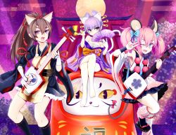 Rule 34 | 10s, 3girls, a (show by rock!!), animal ears, barefoot, breasts, cat ears, cat tail, cleavage, darudayu (show by rock!!), daruma doll, detached sleeves, fox ears, guitar, instrument, ishikkoro, japanese clothes, kimono, kimono skirt, kiseru, leg warmers, crossed legs, long hair, looking at viewer, multiple girls, off shoulder, oiran, pink hair, smoking pipe, ponytail, purple hair, shamisen, show by rock!!, smile, tail, un (show by rock!!), v, yellow eyes