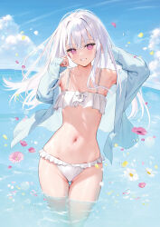 Rule 34 | 1girl, bikini, blue sky, cloud, cloudy sky, flower, highres, long hair, long sleeves, looking at viewer, mignon, navel, ocean, open clothes, original, partially submerged, petals, purple eyes, shiny skin, shiro-chan (mignon), shirt, simple background, sky, smile, solo, stomach, swimsuit, wading, water, white hair