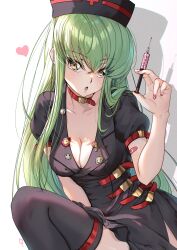 Rule 34 | 1girl, absurdres, alternate costume, artist name, belt, belt collar, black dress, black hat, black thighhighs, breasts, budgiepon, c.c., cleavage, code geass, collar, collarbone, commentary, cowboy shot, crossed bangs, dress, drop shadow, eyes visible through hair, geass, green hair, hair between eyes, hair over shoulder, hand up, hat, heart, highres, hip vent, holding, holding syringe, knee up, long hair, looking at viewer, medium breasts, nail polish, nurse, nurse cap, open mouth, pink nails, puffy short sleeves, puffy sleeves, red belt, short sleeves, sidelighting, simple background, solo, straight hair, syringe, thighhighs, tsurime, very long hair, white background, yellow eyes