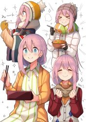 Rule 34 | 1girl, bag, beanie, bento, blue eyes, blush, bread, bread slice, buttons, cardigan, chopsticks, closed mouth, coat, commentary, dress, eating, food, gloves, hair between eyes, hat, highres, holding, holding chopsticks, holding food, holding spoon, kagamihara nadeshiko, long hair, long sleeves, low tied hair, multiple views, open cardigan, open clothes, partially fingerless gloves, pink hair, plan (planhaplalan), scarf, simple background, smile, spoon, striped clothes, striped dress, striped legwear, sweater vest, toast, upper body, vertical-striped legwear, white background, white coat, yellow cardigan, yellow gloves, yurucamp