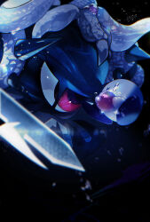 Rule 34 | absurdres, apple, black background, creature, food, fruit, highres, higuchi megumi, holding, holding food, holding fruit, kirby, kirby&#039;s return to dream land, kirby&#039;s return to dream land deluxe, kirby (series), looking at another, magolor, magolor soul, master crown, nintendo, no humans, rayman limbs, red eyes, solid oval eyes