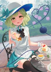 Rule 34 | 1girl, :d, alternate costume, apron, bare shoulders, black thighhighs, blue flower, blue rose, bow, cup, daisy, day, flower, food, frills, fruit, green eyes, green hair, hat, heart, heart of string, highres, holding, kanpa (campagne 9), komeiji koishi, looking at viewer, open mouth, outdoors, petals, pink flower, rose, shirt, short hair, short sleeves, sitting, smile, solo, teacup, thighhighs, third eye, touhou, white flower, white hat, wrist cuffs