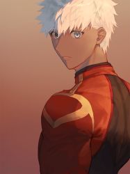 Rule 34 | 1boy, archer (fate), commentary request, dark-skinned male, dark skin, fate (series), gradient background, grey eyes, highres, hikaru (asteriskring), looking at viewer, looking back, making-of available, male focus, parted lips, short hair, solo, upper body, white hair