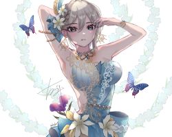 Rule 34 | 1girl, :o, absurdres, armpits, arms up, b9-n3, bangle, blue butterfly, blue dress, blush, bracelet, bug, butterfly, dress, flower, flower ornament, grey hair, hair between eyes, hair flower, hair ornament, highres, idolmaster, idolmaster cinderella girls, idolmaster cinderella girls starlight stage, insect, jewelry, looking at viewer, necklace, patterned background, pearl necklace, shiomi syuko, solo, strapless, strapless dress, upper body
