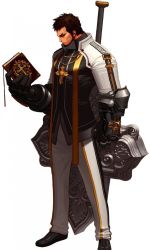 Rule 34 | 00s, artist request, beard, bible (object), brown hair, cross, dungeon and fighter, facial hair, gauntlets, gloves, highres, male priest (dungeon and fighter), short hair, weapon