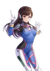 Rule 34 | 1girl, bodysuit, breasts, brown eyes, brown hair, d.va (overwatch), eyebrows, facial mark, gloves, headphones, highres, kim eb, long hair, looking at viewer, medium breasts, overwatch, overwatch 1, pointing, pointing up, simple background, skin tight, smile, solo, whisker markings, white background