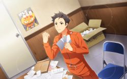 Rule 34 | 1boy, bandage on face, bandages, belt, black hair, chair, clenched hand, collared shirt, door, glint, highres, idolmaster, idolmaster side-m, idolmaster side-m live on stage!, kimura ryu, long sleeves, male focus, official art, poster (object), shirt, third-party source