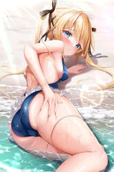 Rule 34 | 1girl, :t, absurdres, arm support, ass, azur lane, backless swimsuit, beach, black ribbon, blonde hair, blue eyes, blue one-piece swimsuit, blush, breasts, closed mouth, day, dead or alive, from behind, hair ornament, hair ribbon, hand on own ass, highres, kokuto (kurousagi1210), lens flare, long hair, looking at viewer, looking back, lying, marie rose, marie rose (devilish servant against the splashing waves), medium breasts, one-piece swimsuit, outdoors, pout, ribbon, sand, sideboob, solo, sunlight, swimsuit, twintails, water, wet, x hair ornament