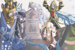 Rule 34 | 1other, 3boys, 4girls, absurdres, aleister (yu-gi-oh!), aleister the invoker, arms up, batman (series), black hair, black shirt, blonde hair, blue-eyes white dragon, blue hair, censored, chinese commentary, cyber dragon, death5034, decode talker, dragon girl, dragon horns, dragonmaid (yu-gi-oh!), duel monster, eldlich the golden lord, english text, extra eyes, eye of horus, gameplay mechanics, glowing, glowing eyes, grant gustin next to oliver queen&#039;s grave (meme), grave, green eyes, green hair, hat, highres, horns, imperial order (yu-gi-oh!), joker (2019), kneeling, laundry dragonmaid, looking at viewer, mecha, meme, military, military hat, military uniform, monocle, mosaic censoring, multiple boys, multiple girls, non-humanoid robot, object request, photo-referenced, pointing, pointing at another, portrait (object), predaplant verte anaconda, red eyes, rilliona (yu-gi-oh!), robe, robot, robot dragon, shirt, sky striker ace - raye, sky striker ace - roze, smile, tears, thumbs up, tombstone, uniform, v, white shirt, witchcrafter madame verre, yu-gi-oh!