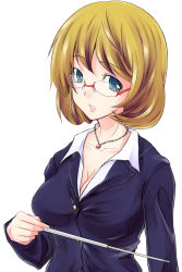 Rule 34 | 1girl, aoki yuriko, bakuman, blonde hair, blue eyes, bob cut, breasts, cleavage, glasses, highres, jewelry, large breasts, mole, necklace, parted lips, pointer, short hair, simple background, solo, teacher, white background, zanku