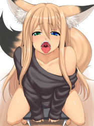 Rule 34 | 1girl, animal ears, bare legs, barefoot, black shirt, blonde hair, blue eyes, blush, chair, collarbone, fangs, fox ears, fox girl, fox tail, from above, green eyes, heterochromia, long hair, long sleeves, looking at viewer, off shoulder, open mouth, oral invitation, original, shirt, sidelocks, sitting, solo, somejima, tail, uvula, v arms