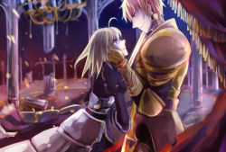 Rule 34 | 1boy, 1girl, ahoge, alternate hairstyle, angry, armor, armored dress, artoria pendragon (fate), blonde hair, blue eyes, ch3507, dress, earrings, eye contact, fate/stay night, fate (series), faulds, gauntlets, gilgamesh (fate), hair down, hair ribbon, hand on another&#039;s face, jewelry, looking at another, red eyes, ribbon, saber (fate), short hair