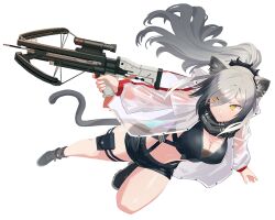 Rule 34 | 1girl, animal ears, arknights, black footwear, black scarf, black shorts, bow (weapon), breasts, cat ears, cat tail, cleavage, commentary request, crop top, crossbow, grey hair, holding, holding crossbow, holding weapon, jacket, kegani (kegani01), large breasts, long hair, midriff, navel, open clothes, open jacket, ponytail, pouch, scarf, schwarz (arknights), shoes, short shorts, shorts, solo, stomach, tail, thigh strap, thighs, very long hair, weapon, white jacket, yellow eyes