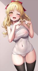Rule 34 | 1girl, bang dream!, bare arms, bare shoulders, black thighhighs, blonde hair, blush, bow, breasts, commentary request, covered erect nipples, covered navel, cowboy shot, grey background, groin, hair bow, half updo, heart, heart hands, lambda (kusowarota), large breasts, long hair, looking at viewer, old school swimsuit, one eye closed, open mouth, parted bangs, red bow, school swimsuit, simple background, smile, solo, swimsuit, thick thighs, thighhighs, thighs, tsurumaki kokoro, white swimsuit, yellow eyes