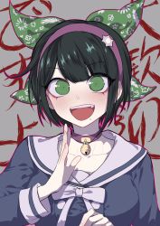 Rule 34 | 1girl, alternate hair length, alternate hairstyle, bell, black hair, blue shirt, blush, bow, breasts, chabashira tenko, choker, commentary request, danganronpa (series), danganronpa v3: killing harmony, fang, green eyes, green hair, grey background, hairband, hands up, highres, large breasts, long hair, long sleeves, looking at viewer, mole, mole under mouth, nanin, open mouth, ribbon, sailor collar, shirt, short hair, smile, solo, teeth, twintails, upper body, upper teeth only, white ribbon
