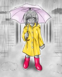 Rule 34 | bob cut, boots, petrification, rain, raincoat, short hair, statue, umbrella