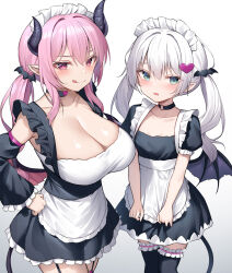 Rule 34 | 2girls, alexmaster, apron, bare shoulders, black dress, blush, breasts, cleavage, collarbone, demon girl, demon horns, demon tail, demon wings, dress, green eyes, highres, horns, large breasts, long hair, looking at viewer, maid, maid headdress, multiple girls, open mouth, original, pointy ears, small breasts, smile, tail, thighhighs, thighs, twintails, waist apron, white apron, white hair, wings